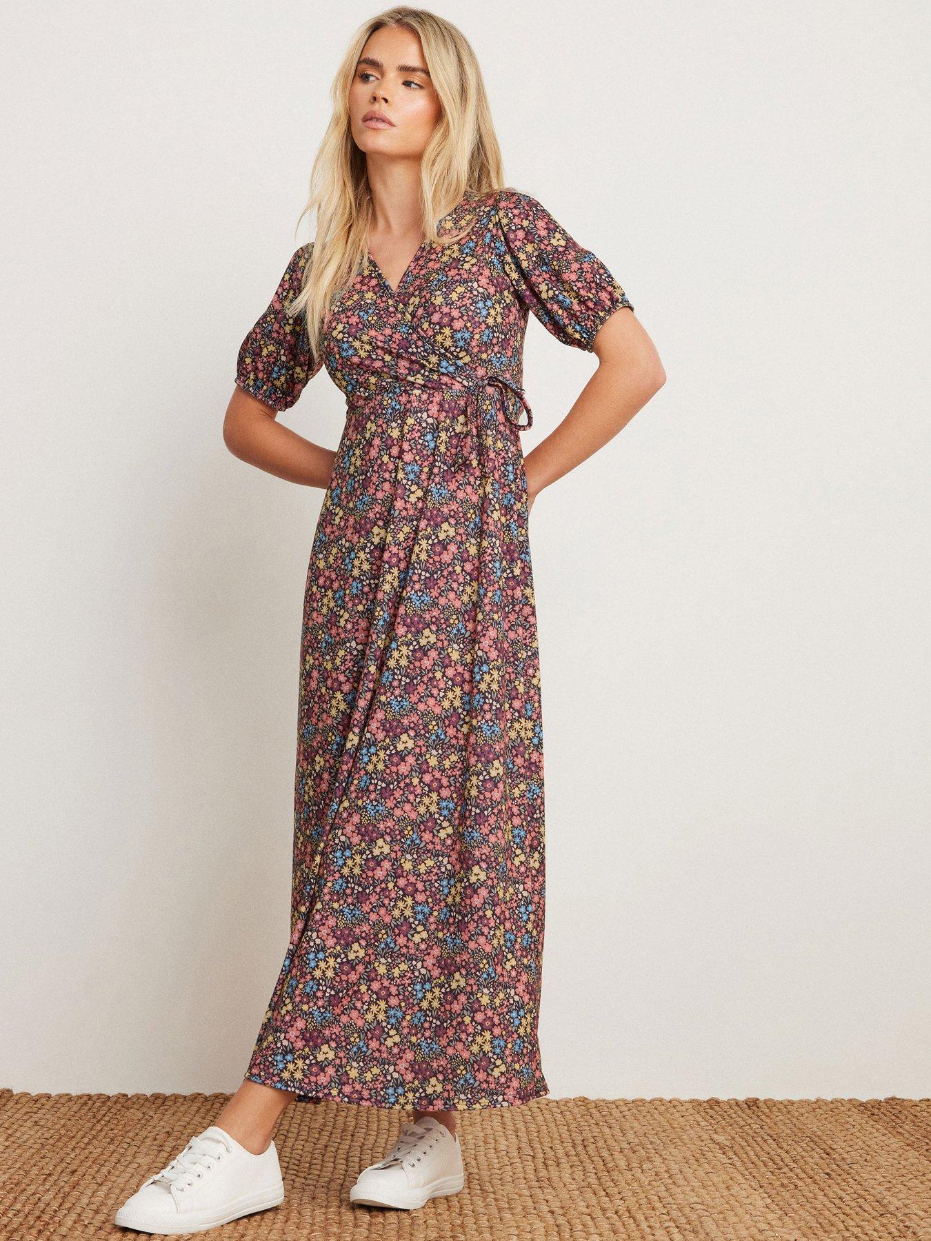  image of mco-petite-ditsy-wrap-short-sleeve-maxi-dress