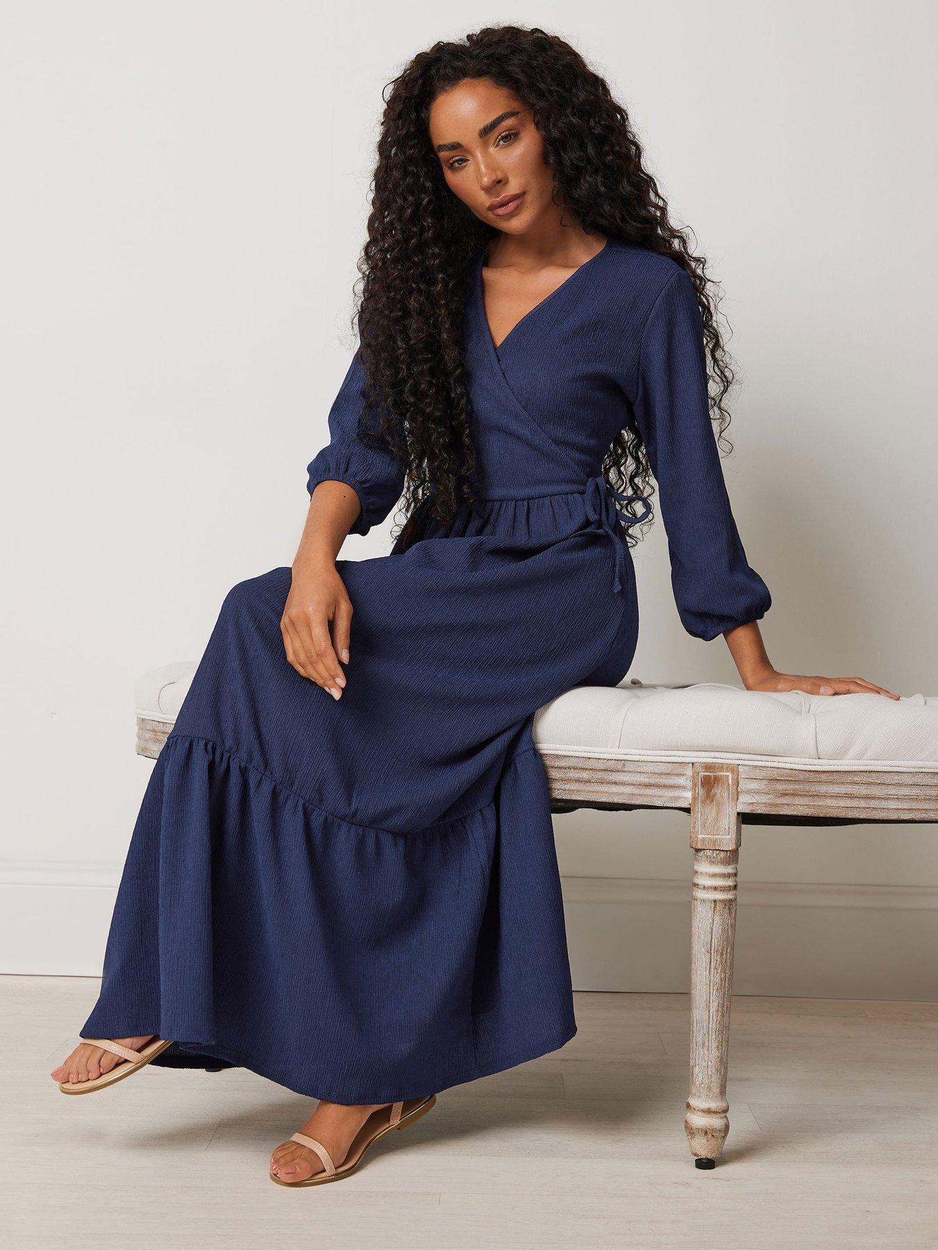  image of mco-petite-34-sleeve-wrap-tiered-dress-blue