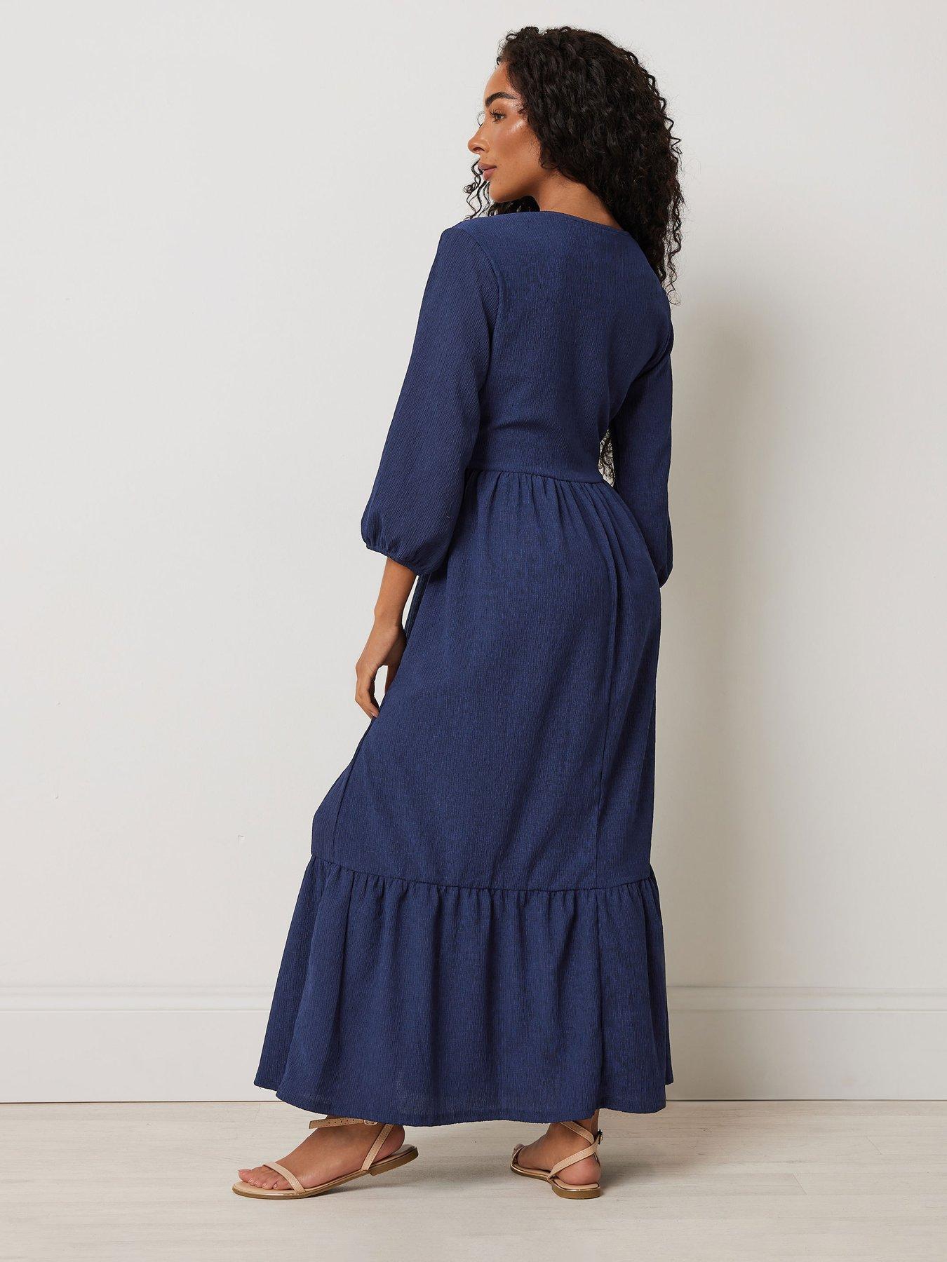  image of mco-petite-34-sleeve-wrap-tiered-dress-blue