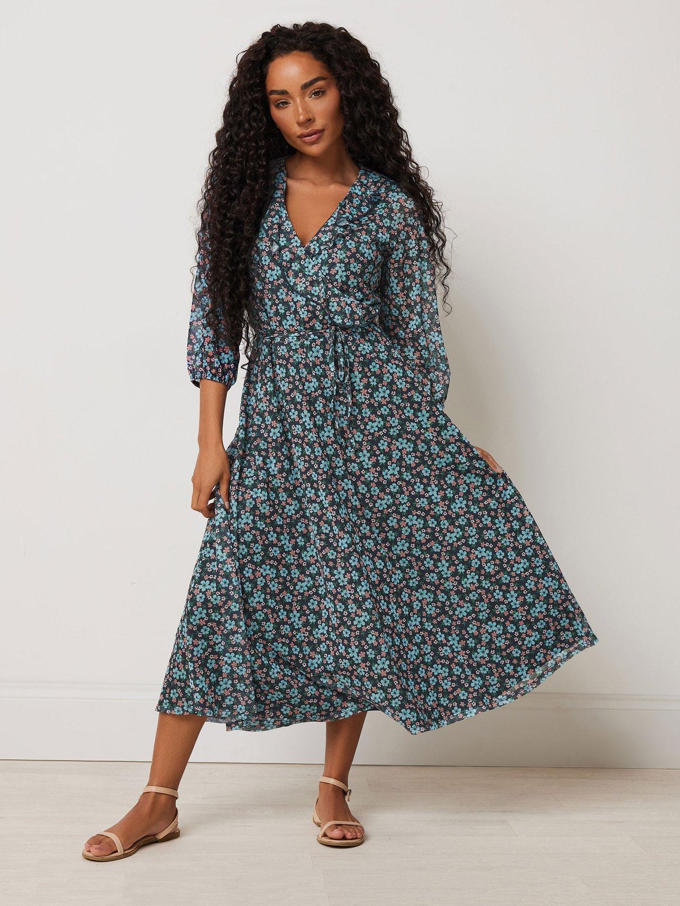  image of mco-petite-ditsy-mesh-wrap-ruffle-dress