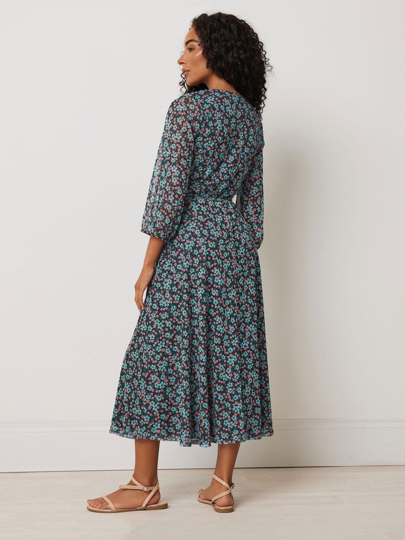  image of mco-petite-ditsy-mesh-wrap-ruffle-dress