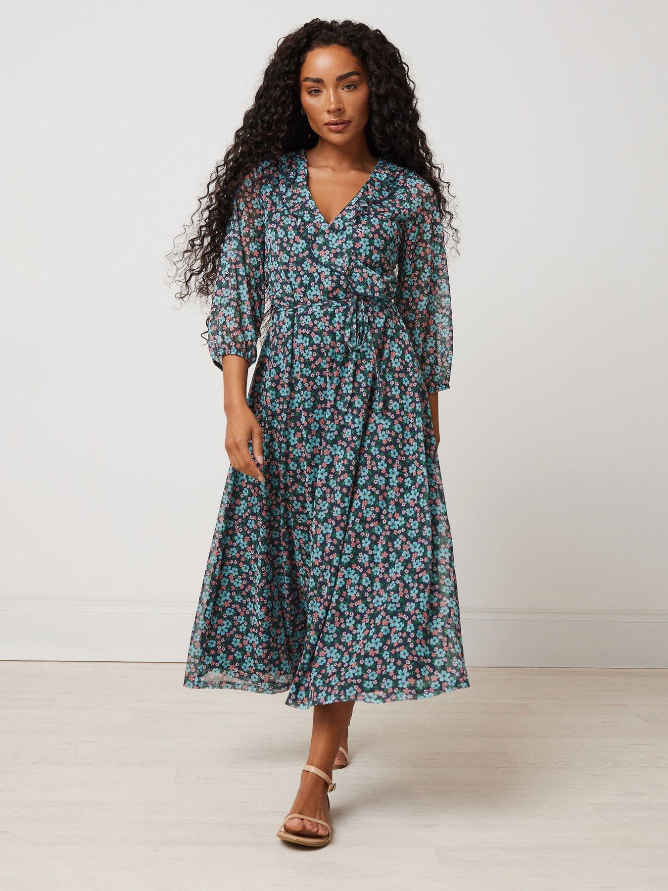  image of mco-petite-ditsy-mesh-wrap-ruffle-dress