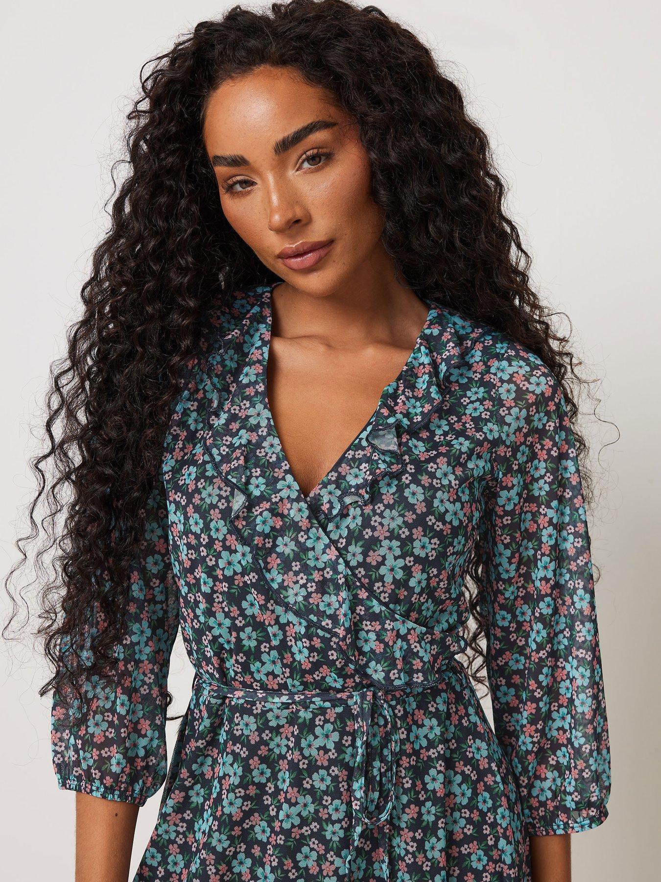  image of mco-petite-ditsy-mesh-wrap-ruffle-dress
