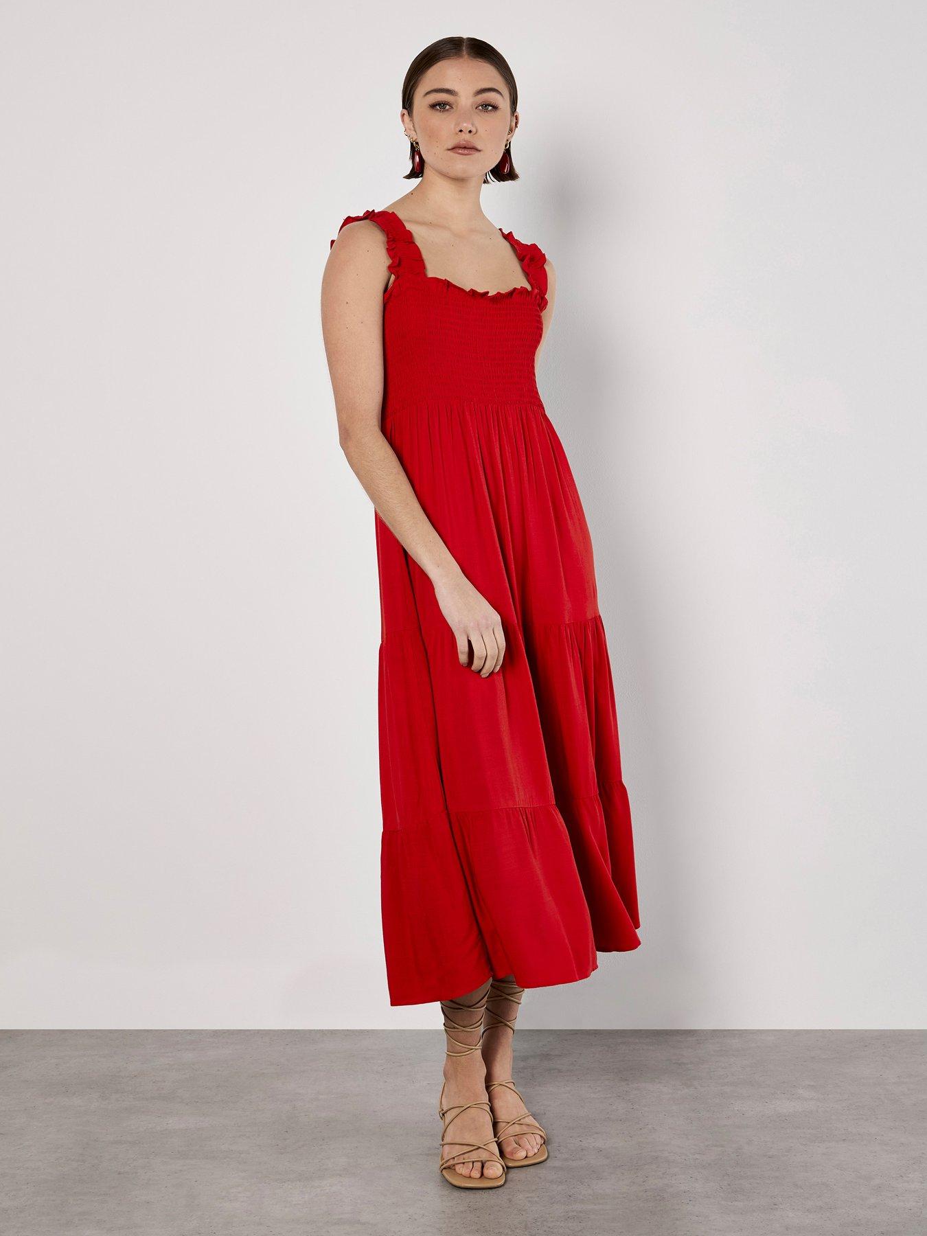  image of apricot-smock-tiered-midi-dress-red