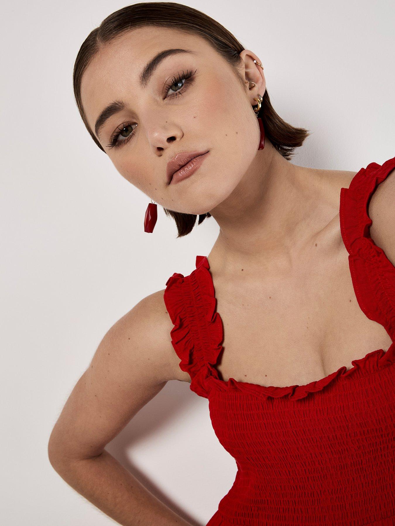  image of apricot-smock-tiered-midi-dress-red