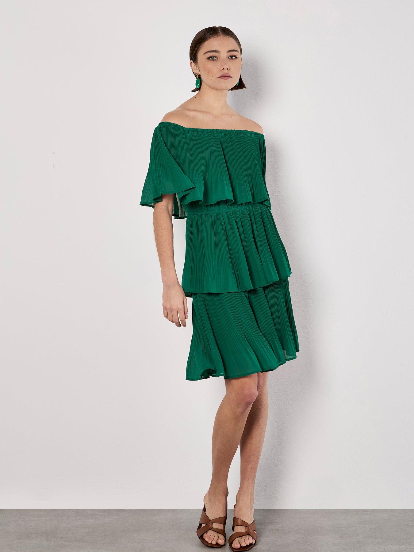 undefined Summer Plisse Layered Bardot Dress - Green
