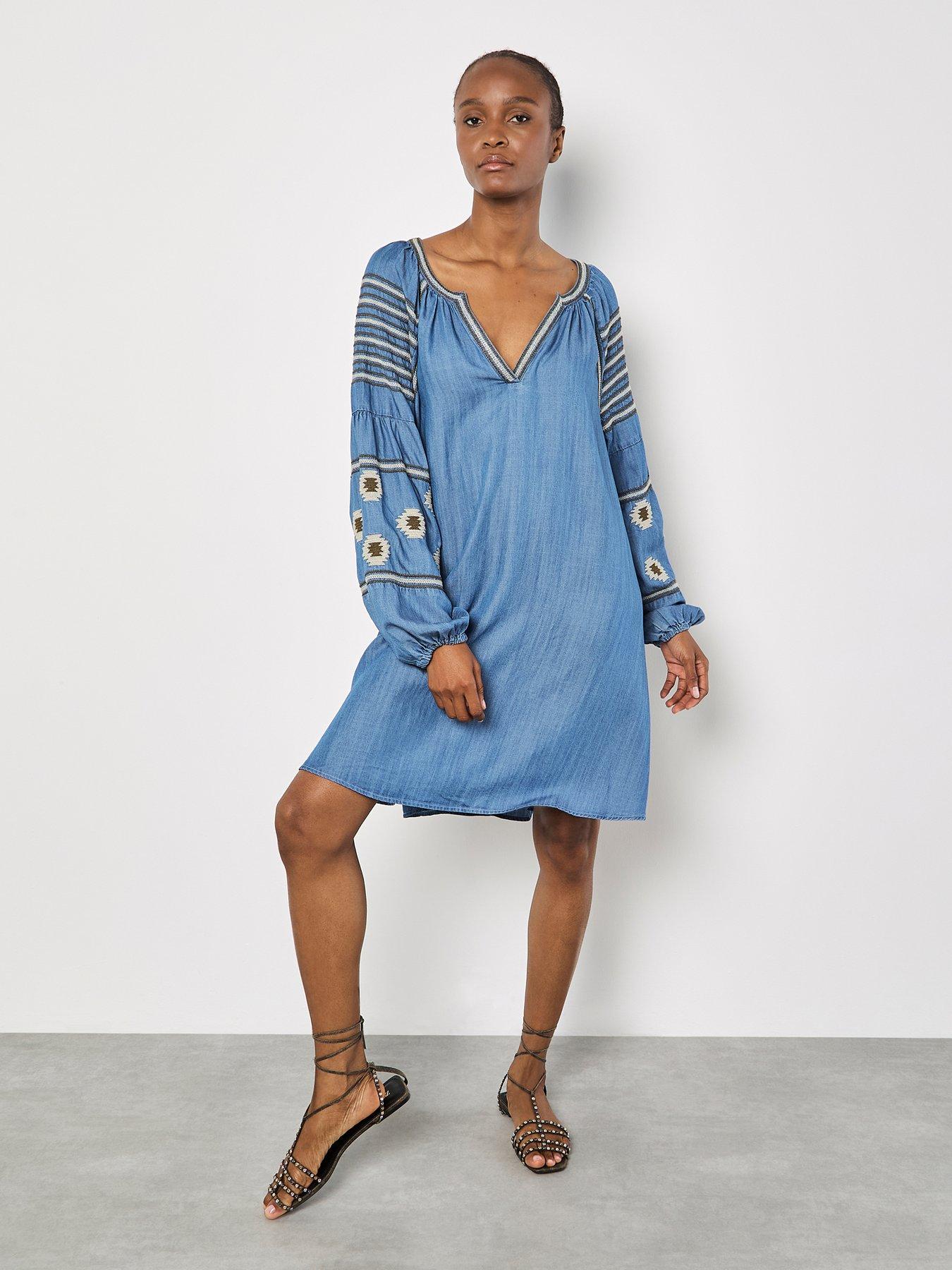 apricot denim dress Apricot Denim Balloon Sleeve Dress - Blue