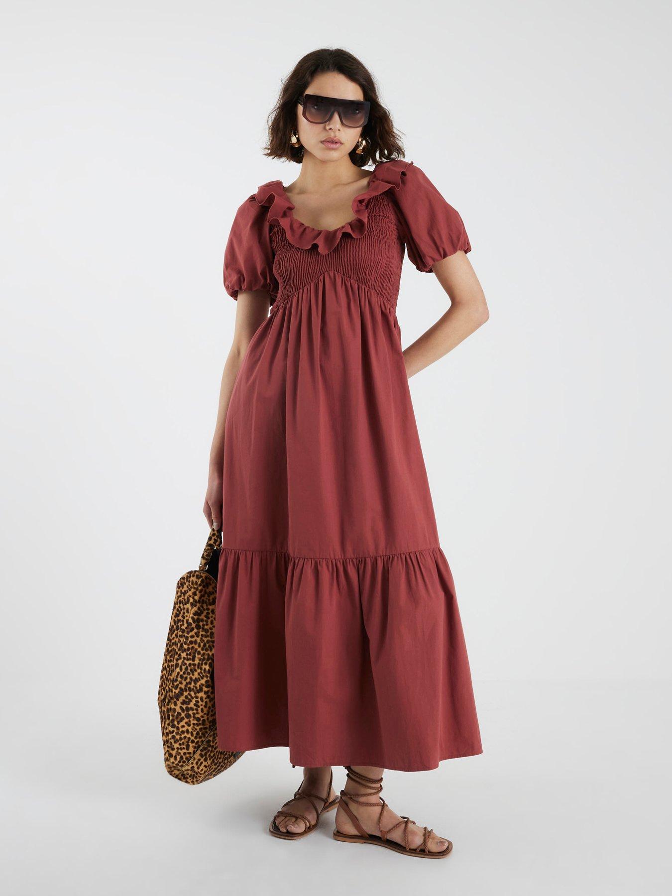 front image of river-island-v-neck-frill-midi-dress-red