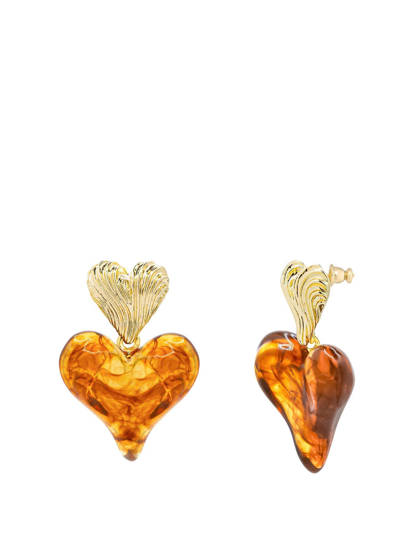  image of v-by-very-gold-plated-statement-resin-heart-drop-earrings
