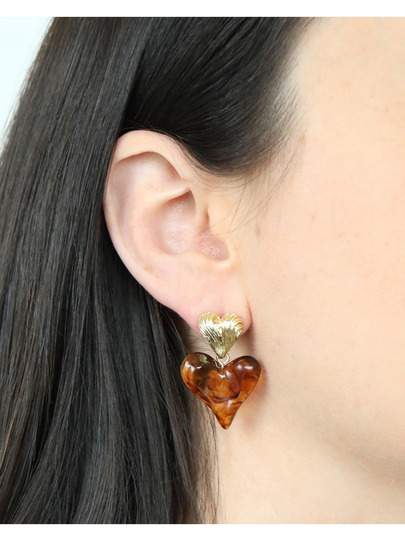  image of v-by-very-gold-plated-statement-resin-heart-drop-earrings