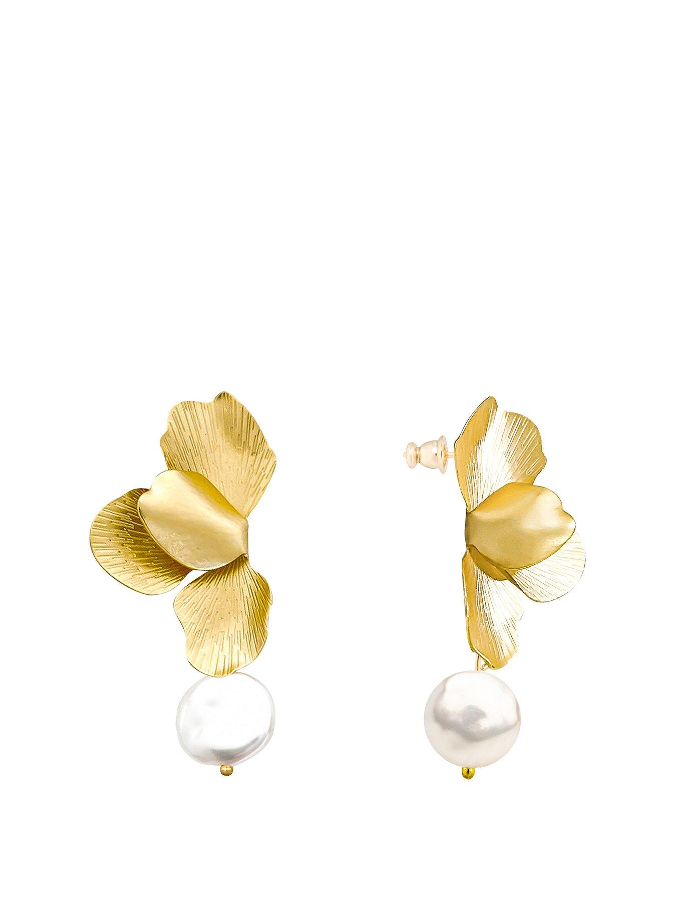  image of v-by-very-gold-plated-petal-and-pearl-drop-earrings