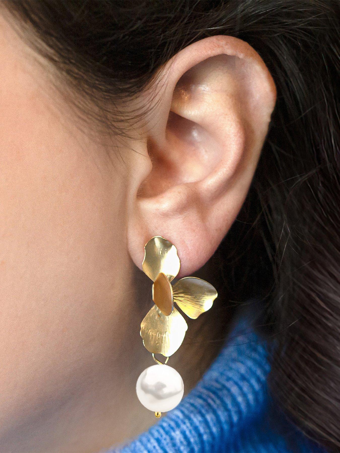 image of v-by-very-gold-plated-petal-and-pearl-drop-earrings