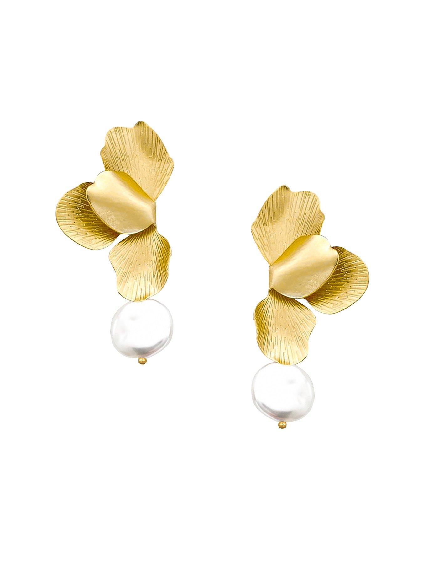  image of v-by-very-gold-plated-petal-and-pearl-drop-earrings