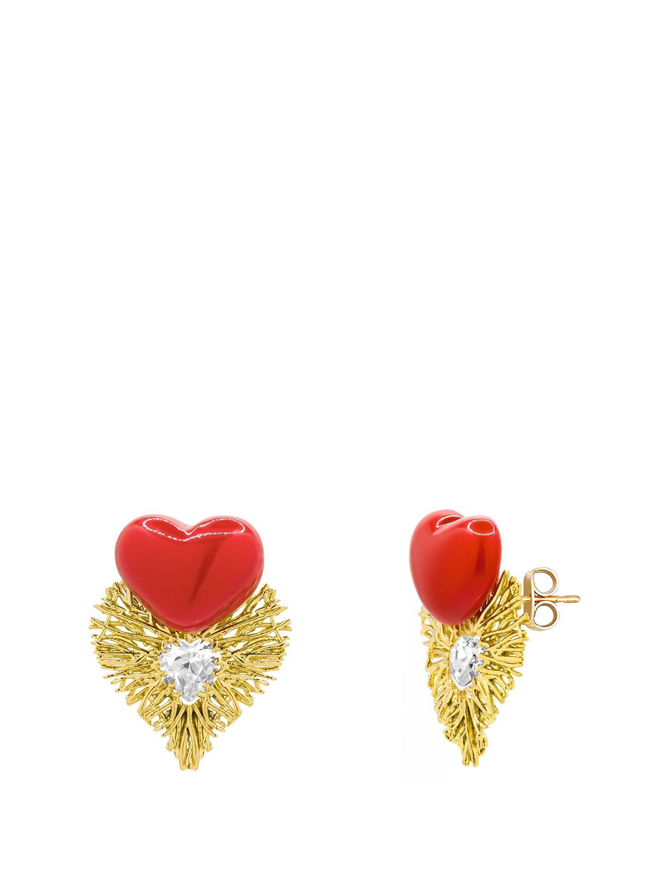 undefined Gold Plated Statement Red Heart Stud Earrings
