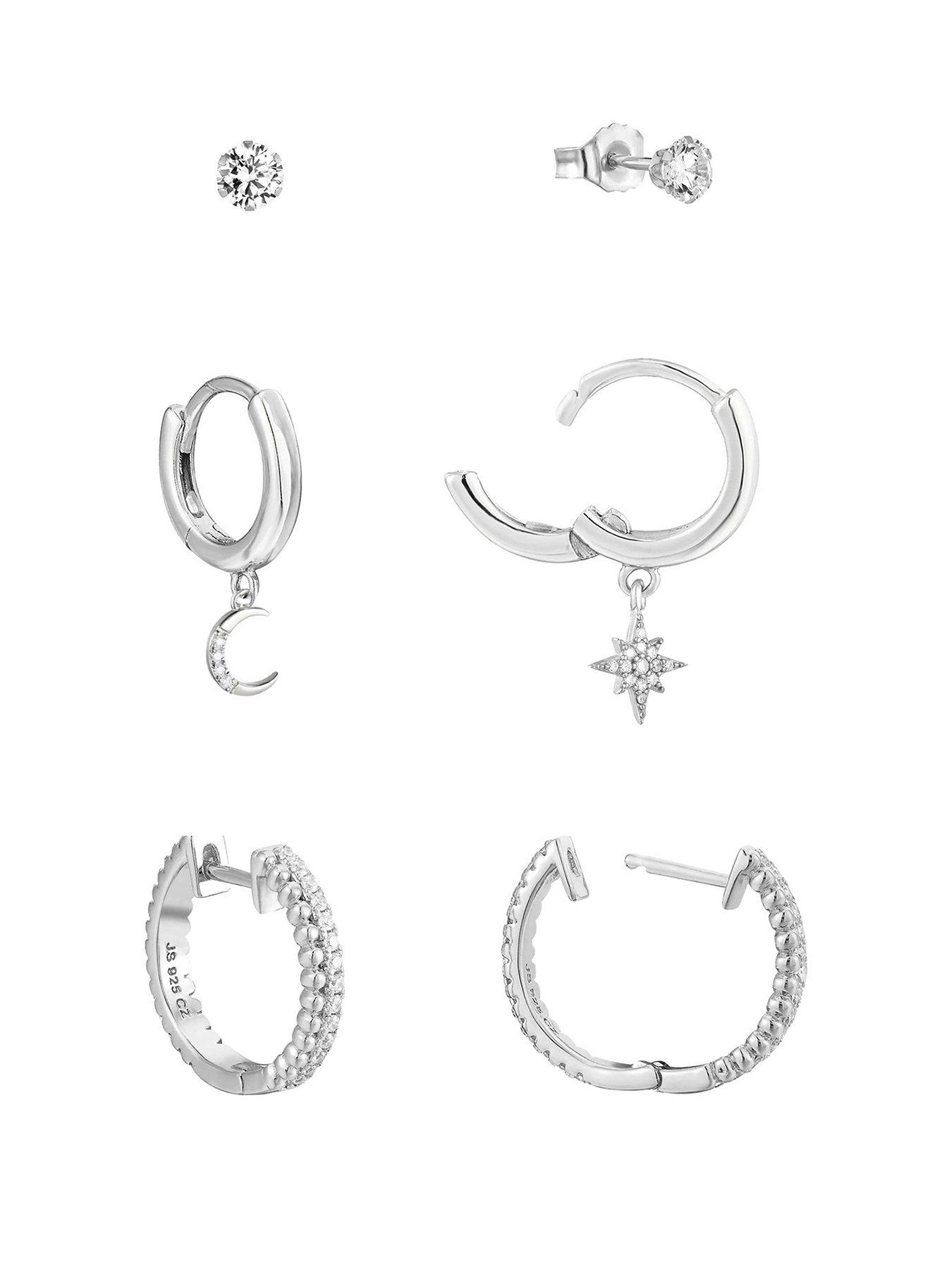  image of v-by-very-sterling-silver-cz-north-star-and-moon-huggie-earring-set-of-3