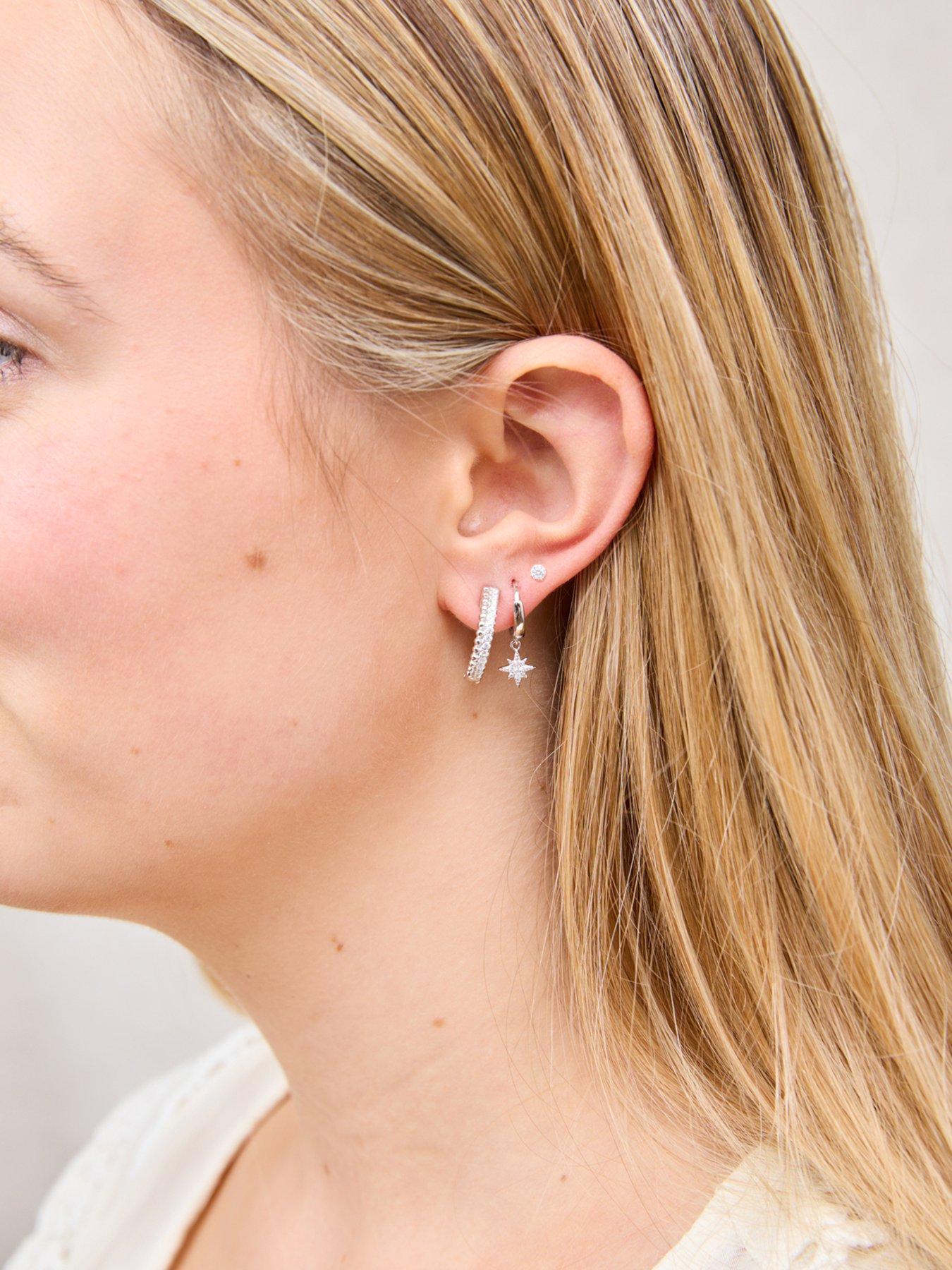  image of v-by-very-sterling-silver-cz-north-star-and-moon-huggie-earring-set-of-3