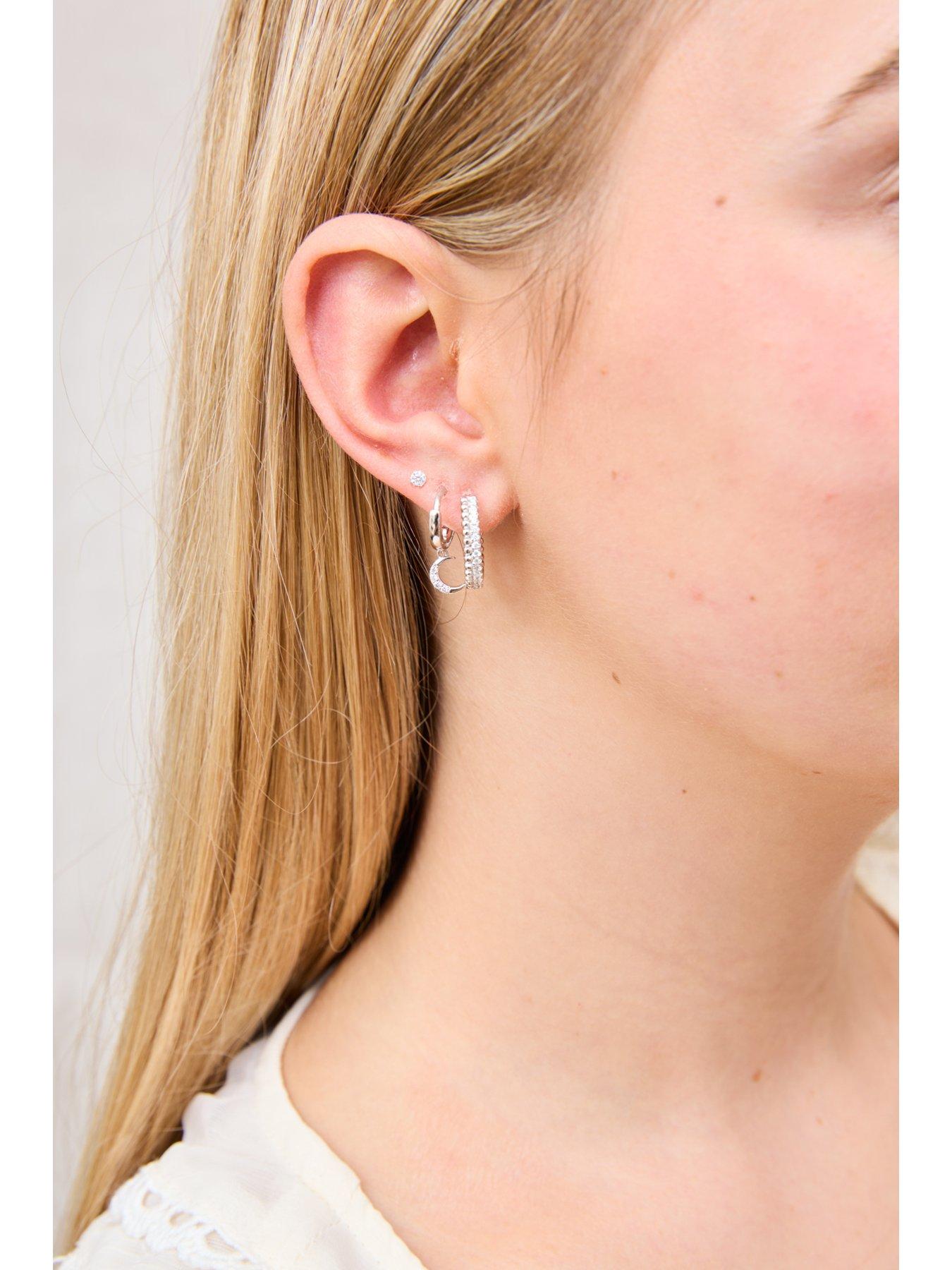  image of v-by-very-sterling-silver-cz-north-star-and-moon-huggie-earring-set-of-3