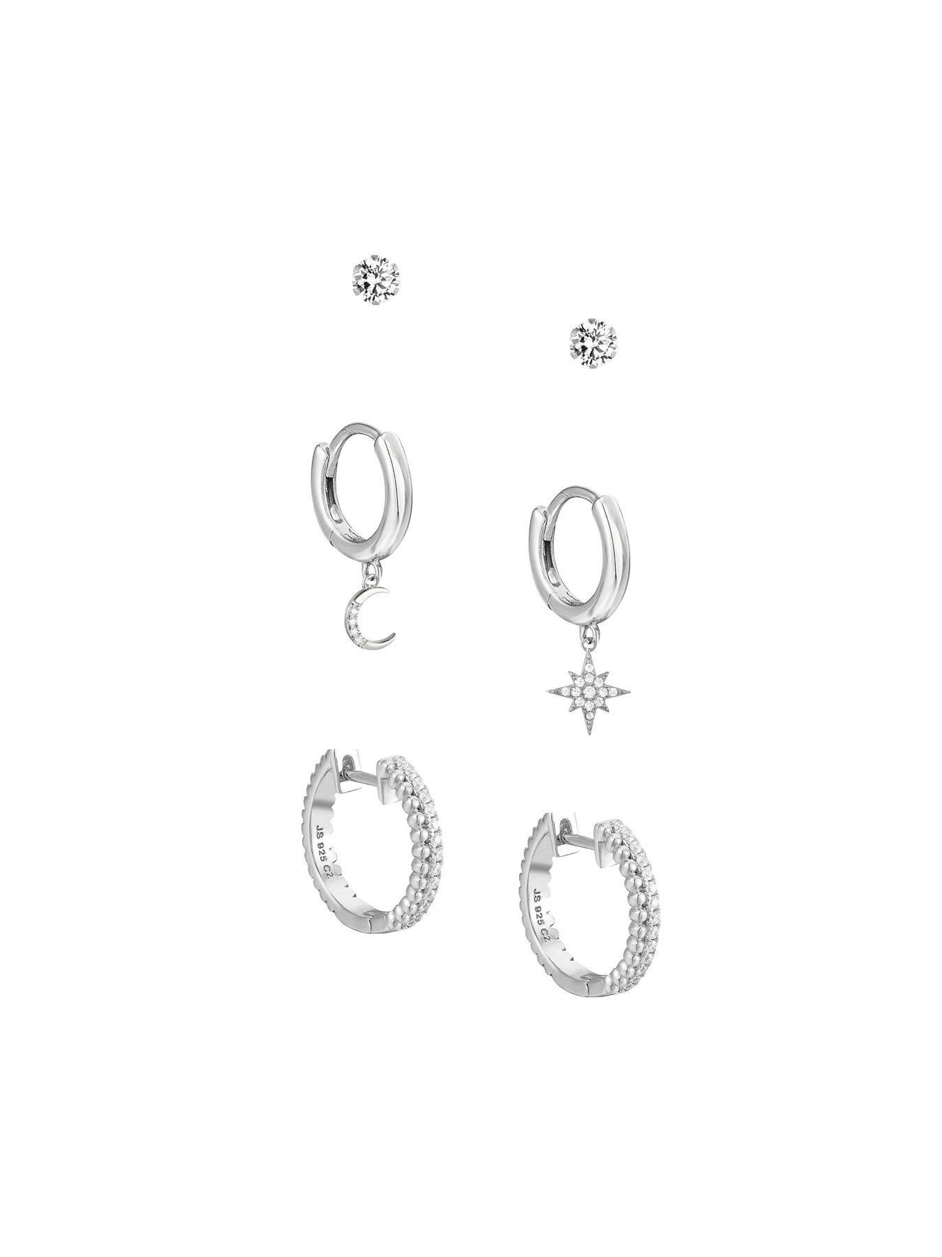  image of v-by-very-sterling-silver-cz-north-star-and-moon-huggie-earring-set-of-3