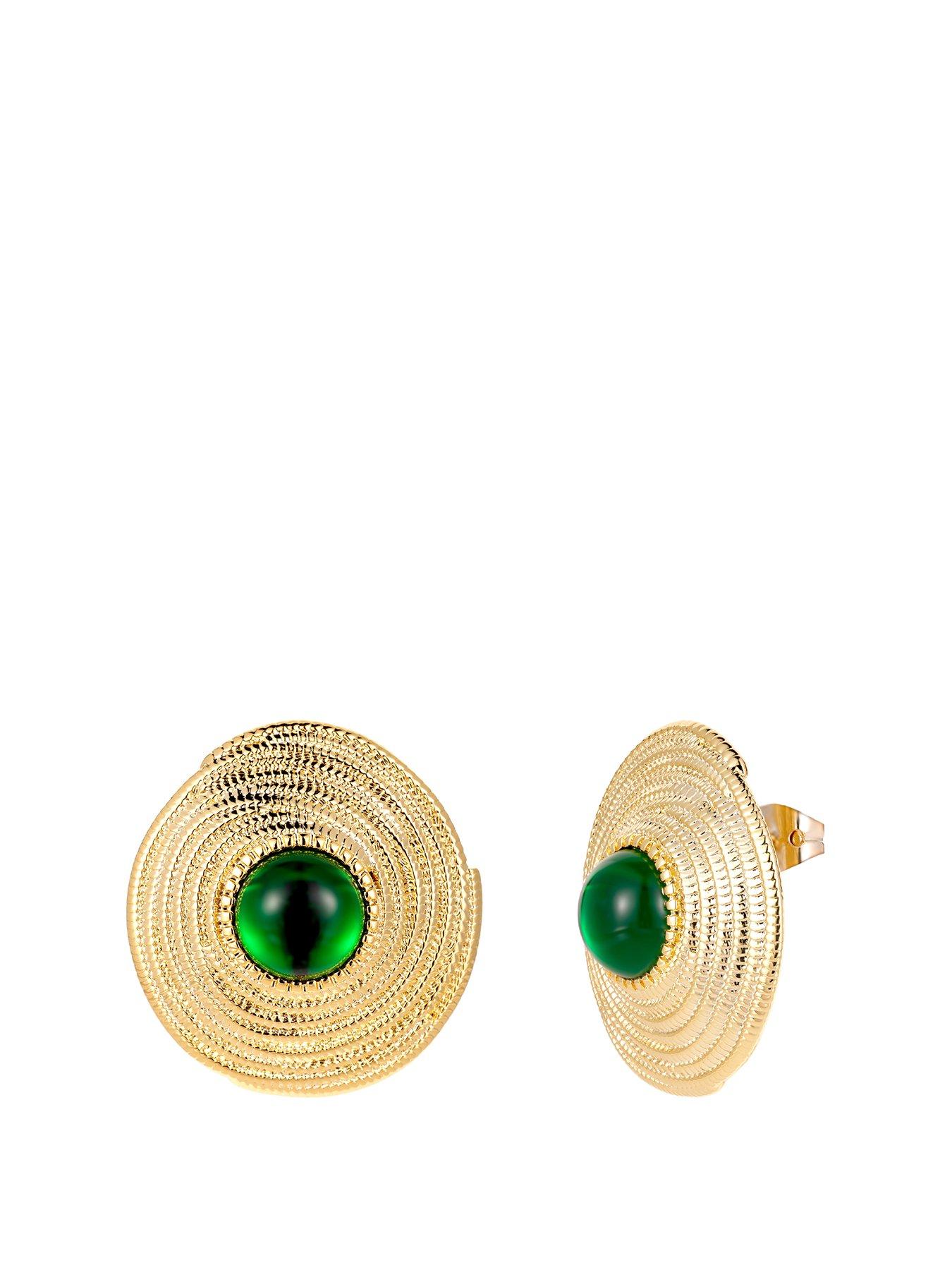  image of v-by-very-gold-plated-disc-stud-earrings-with-green-stone