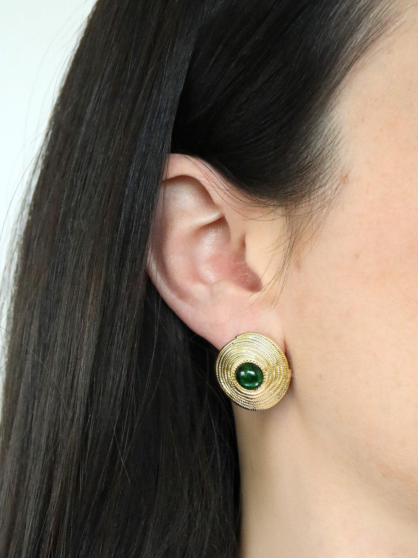  image of v-by-very-gold-plated-disc-stud-earrings-with-green-stone