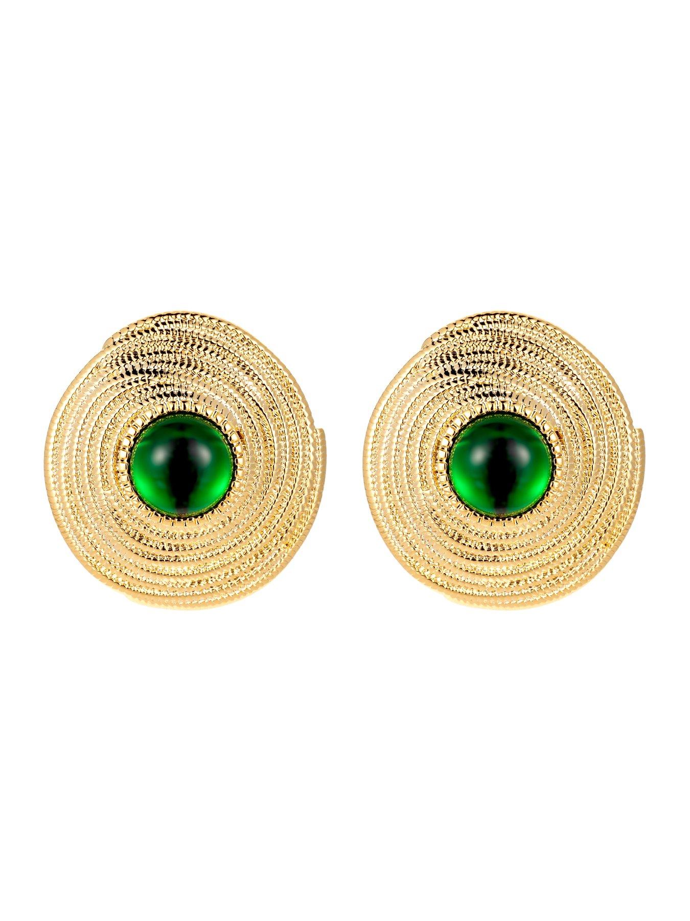 image of v-by-very-gold-plated-disc-stud-earrings-with-green-stone
