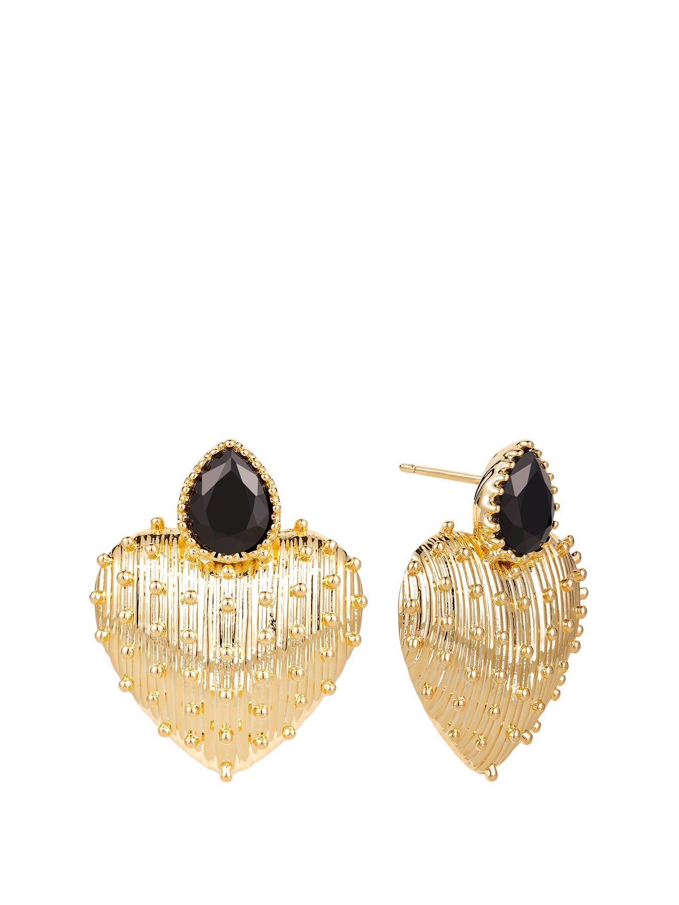 undefined Gold Plated Oversized Bobble Heart With Black Stone Stud Earrings
