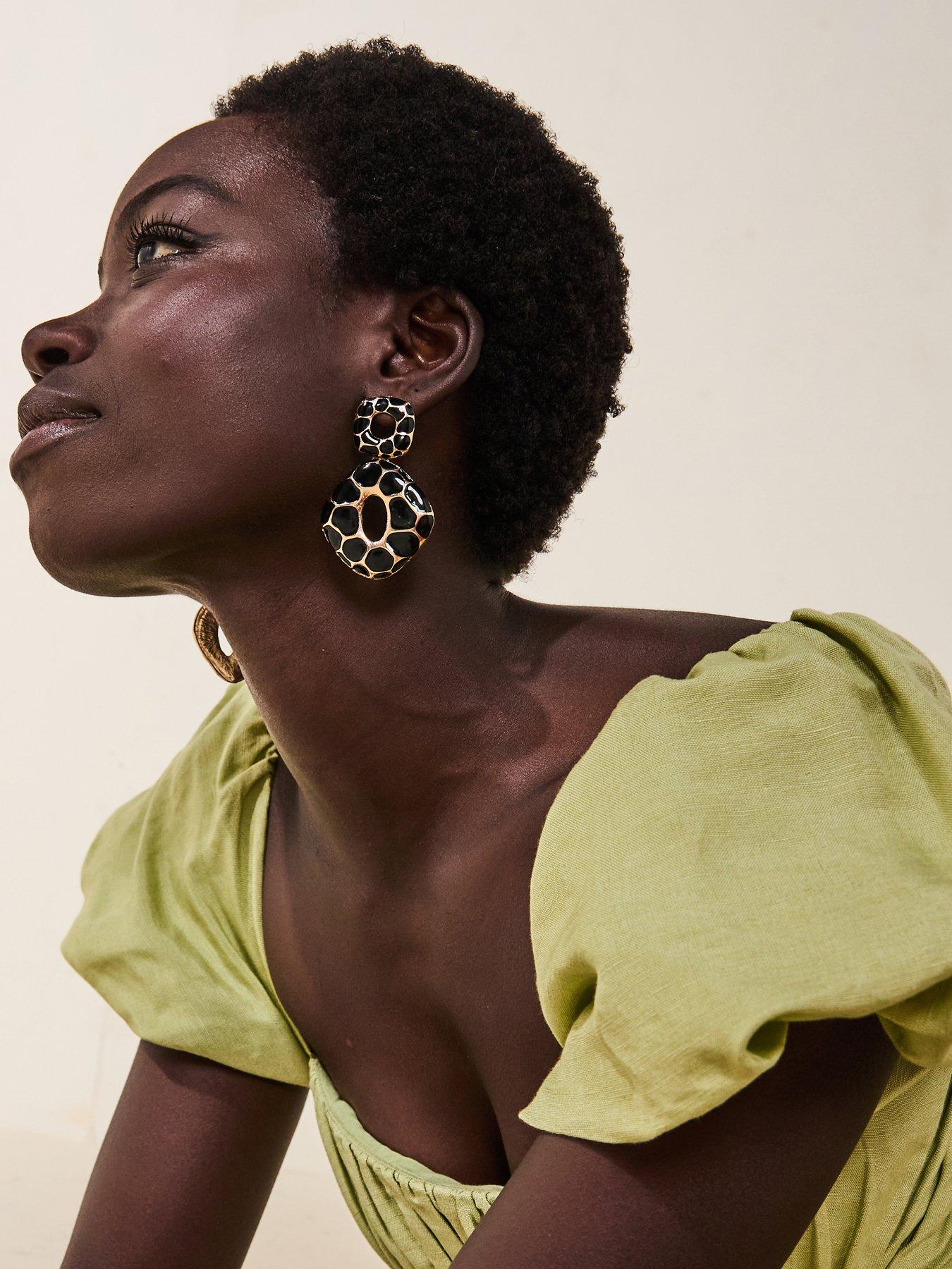 undefined Gold Plated Black Leopard Vintage Drop Earrings