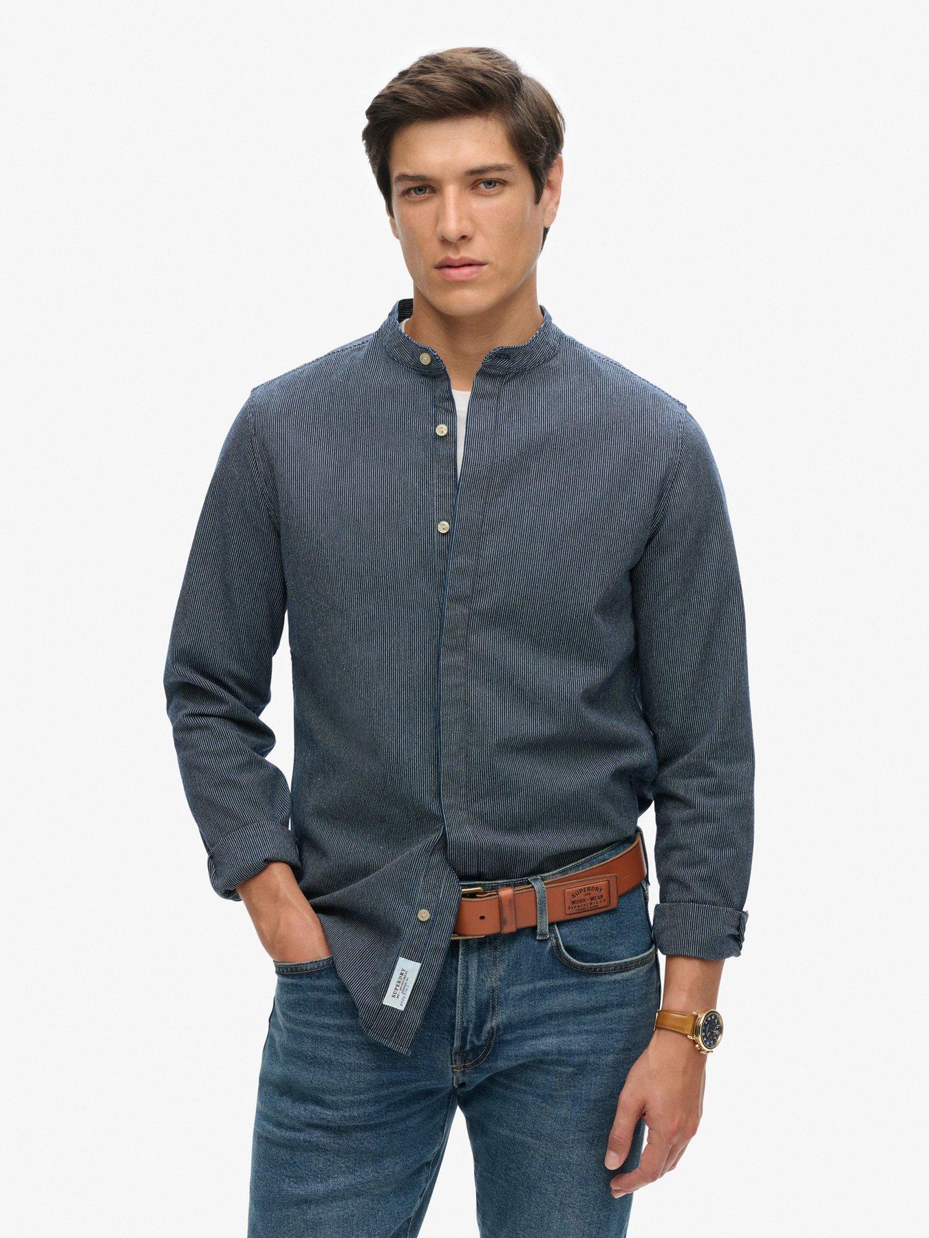undefined Merchant Striped Grandad Collar Long Sleeve Shirt - Dark Blue