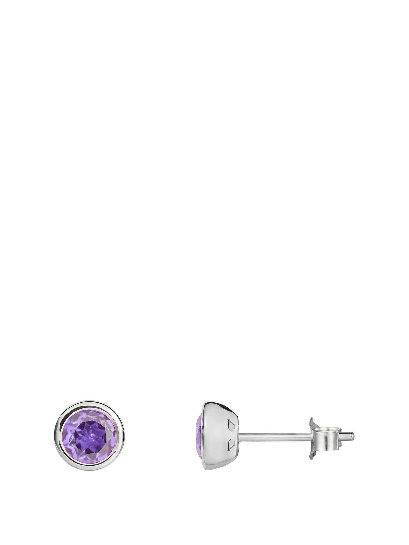 undefined Sterling Silver Birthstone CZ Rubover Stud Earrings
