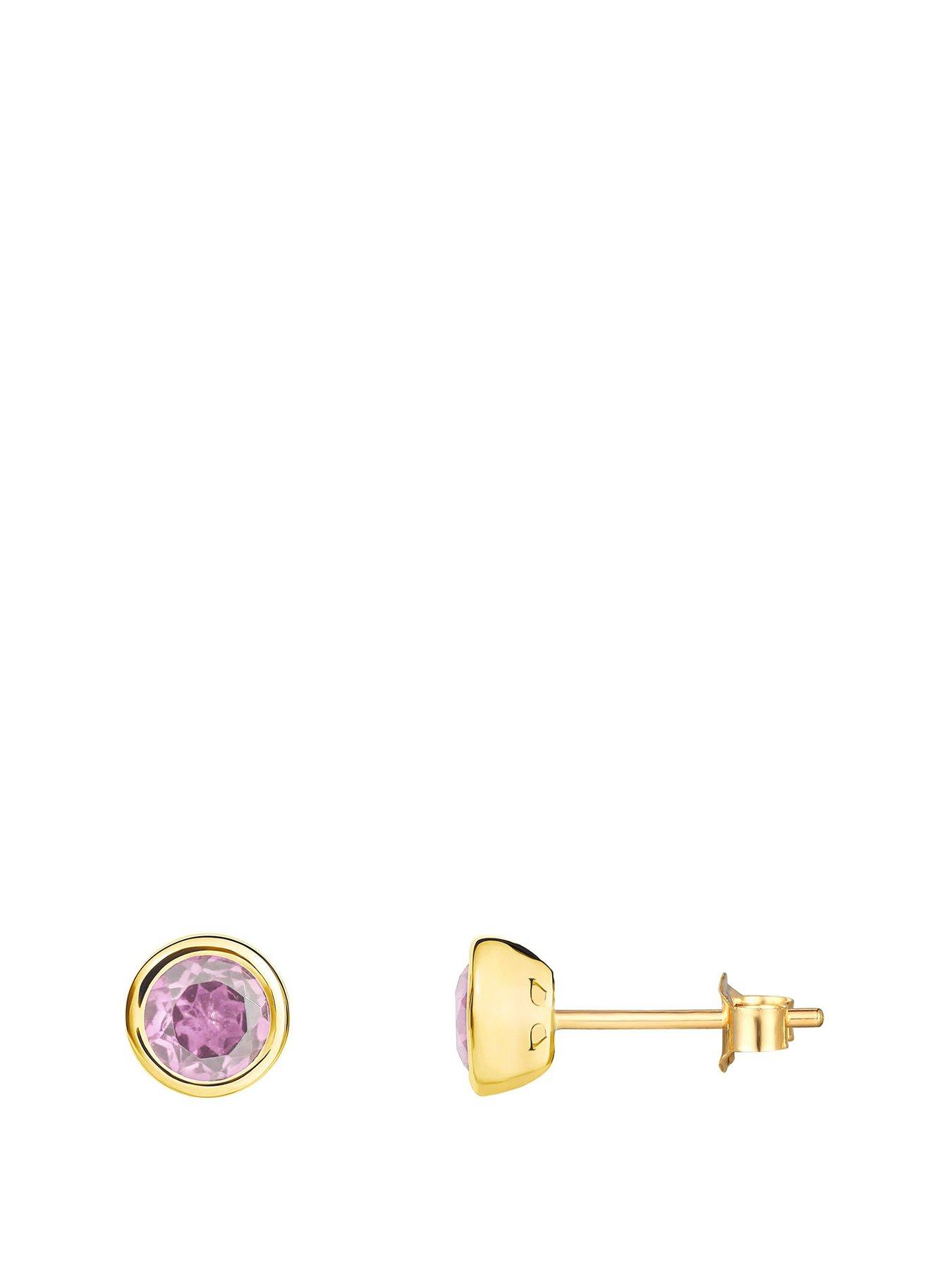 undefined Gold Plated Sterling Silver Birthstone CZ Rubover Stud Earrings
