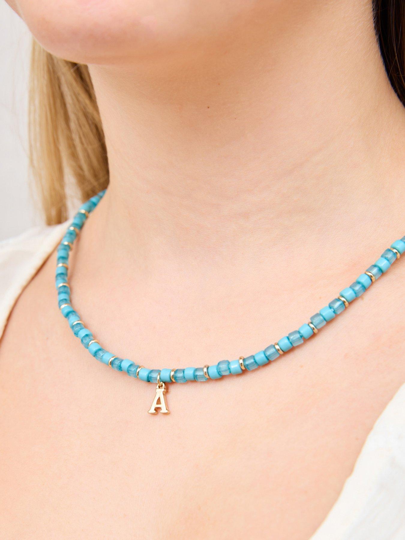  image of v-by-very-turquoise-bead-necklace-with-gold-plated-initial