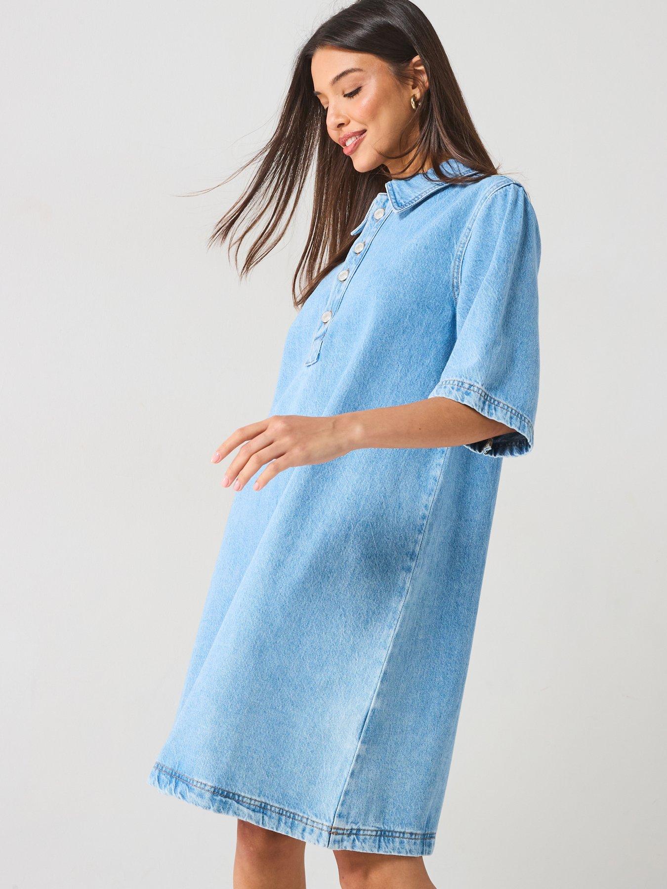 Image 1 of 5 of Only Short Sleeve Denim Dress - Blue