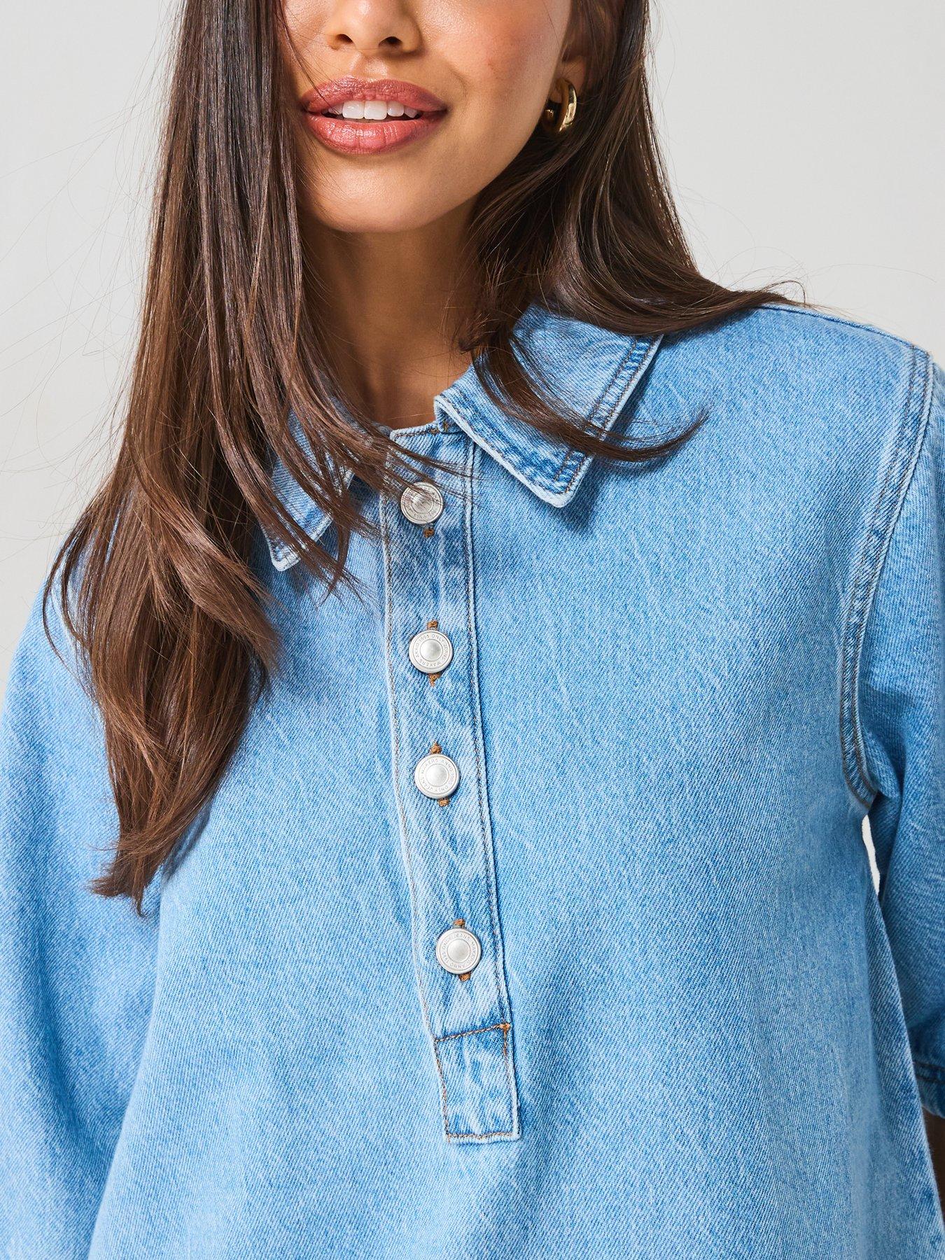 Image 4 of 5 of Only Short Sleeve Denim Dress - Blue