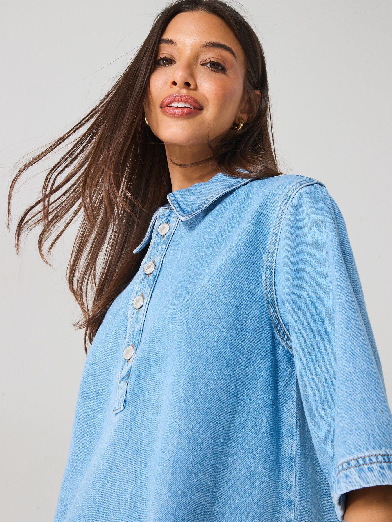 Image 5 of 5 of Only Short Sleeve Denim Dress - Blue