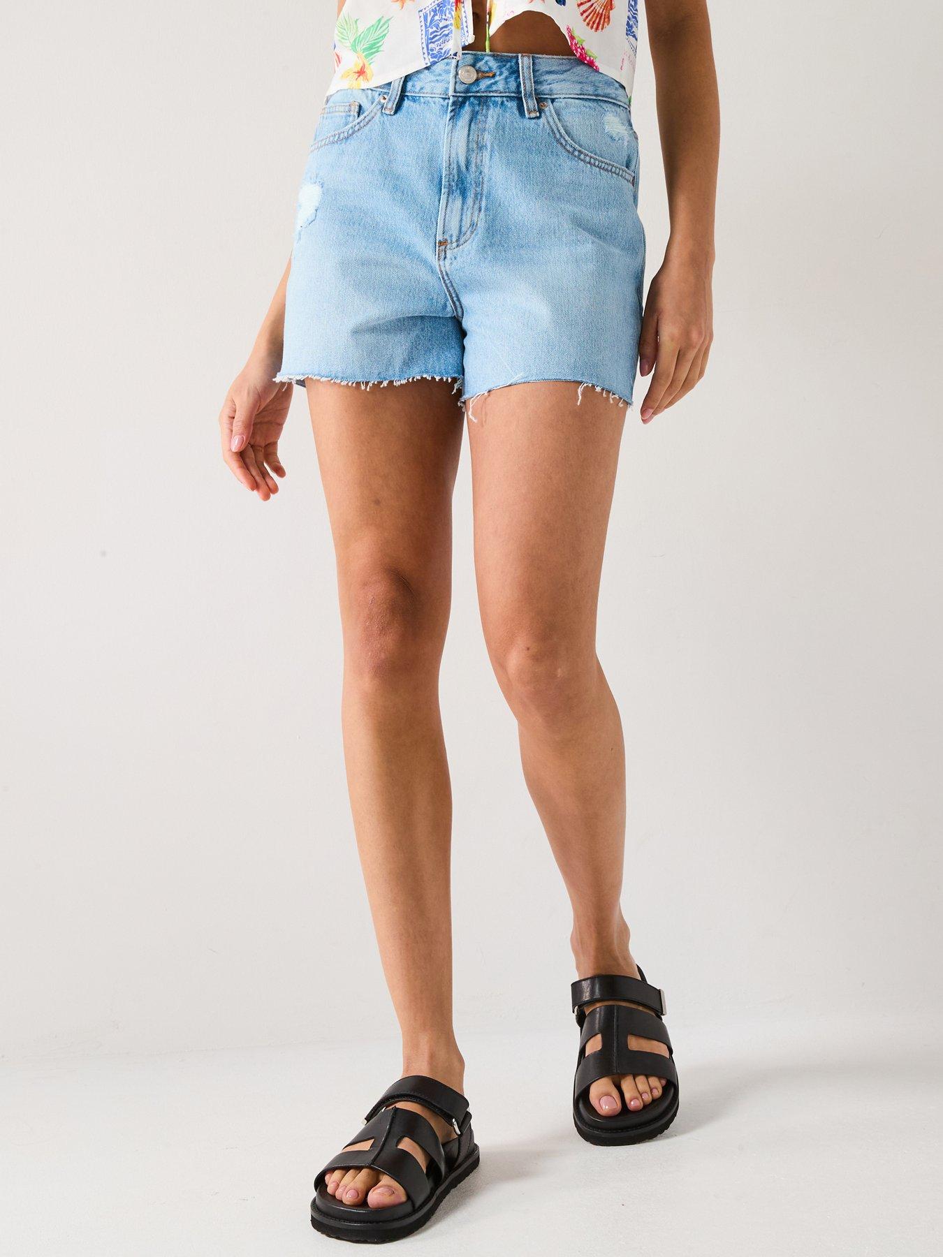 undefined Raw Edge Denim Shorts - Light Blue Denim