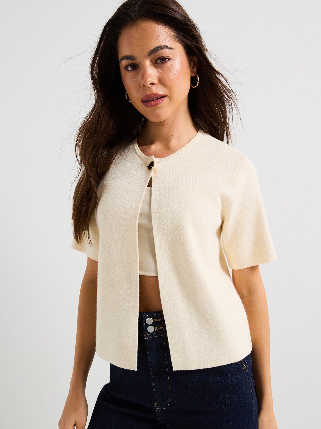 Image 1 of 5 of Vero Moda Gold Short Sleeve O-Neck One Button Cardigan - Cream