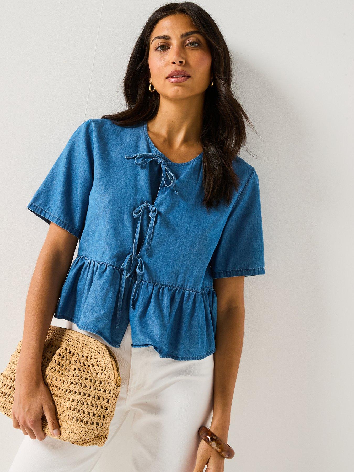 undefined Bea Short Sleeve Bow Denim Shirt  - Medium Blue Denim