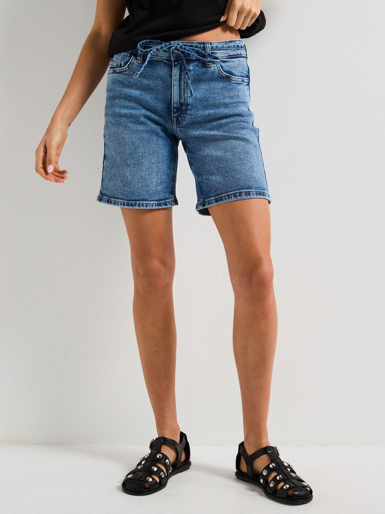 undefined Lulu Tie Mid Waist Long Denim Shorts - Blue