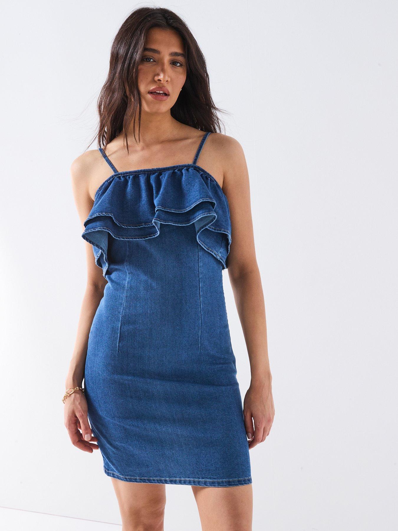 front image of vero-moda-manny-frill-short-denim-dress-blue
