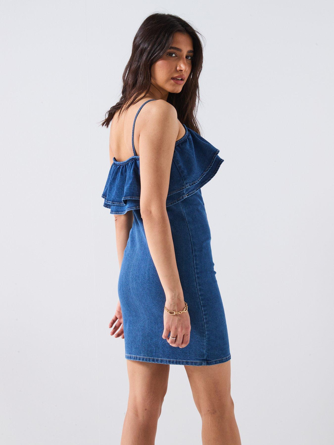 stillFront image of vero-moda-manny-frill-short-denim-dress-blue