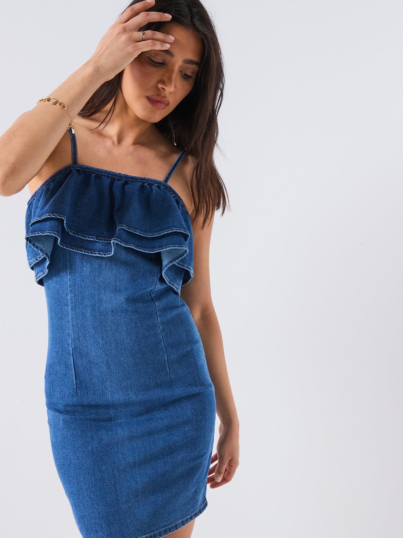  image of vero-moda-manny-frill-short-denim-dress-blue