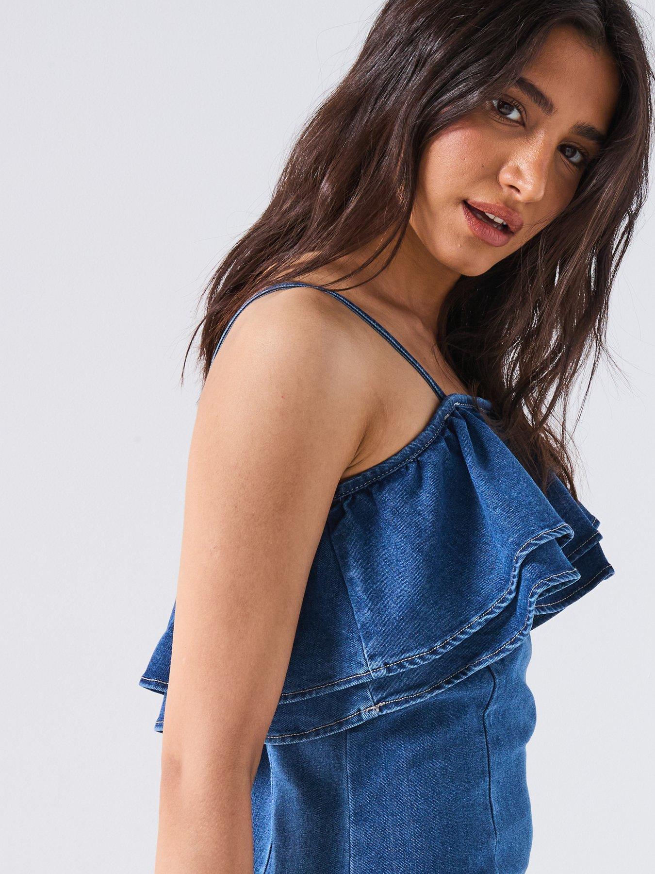  image of vero-moda-manny-frill-short-denim-dress-blue