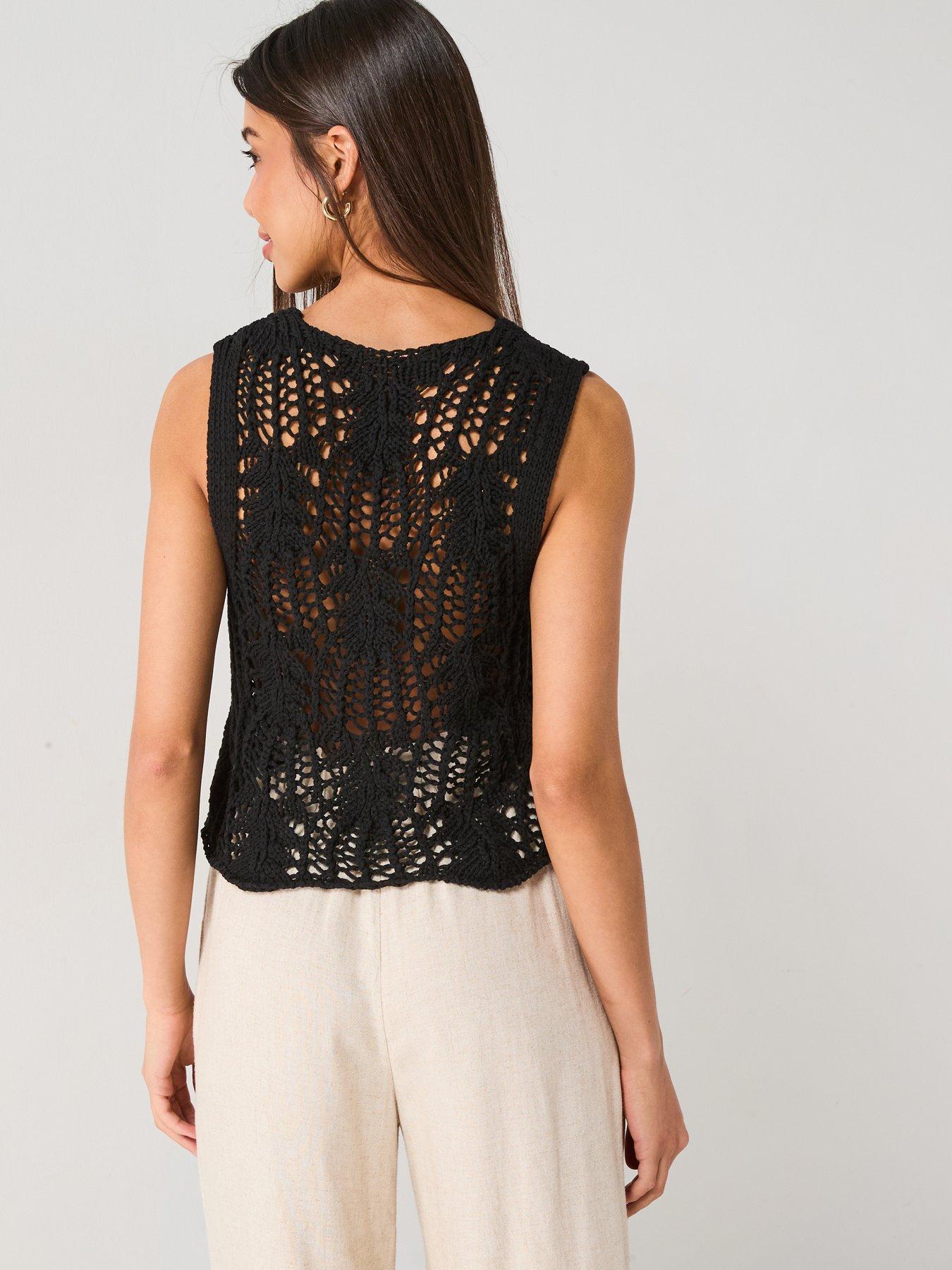  image of only-lizzy-life-sleeveless-crochet-knit-tie-vest-black