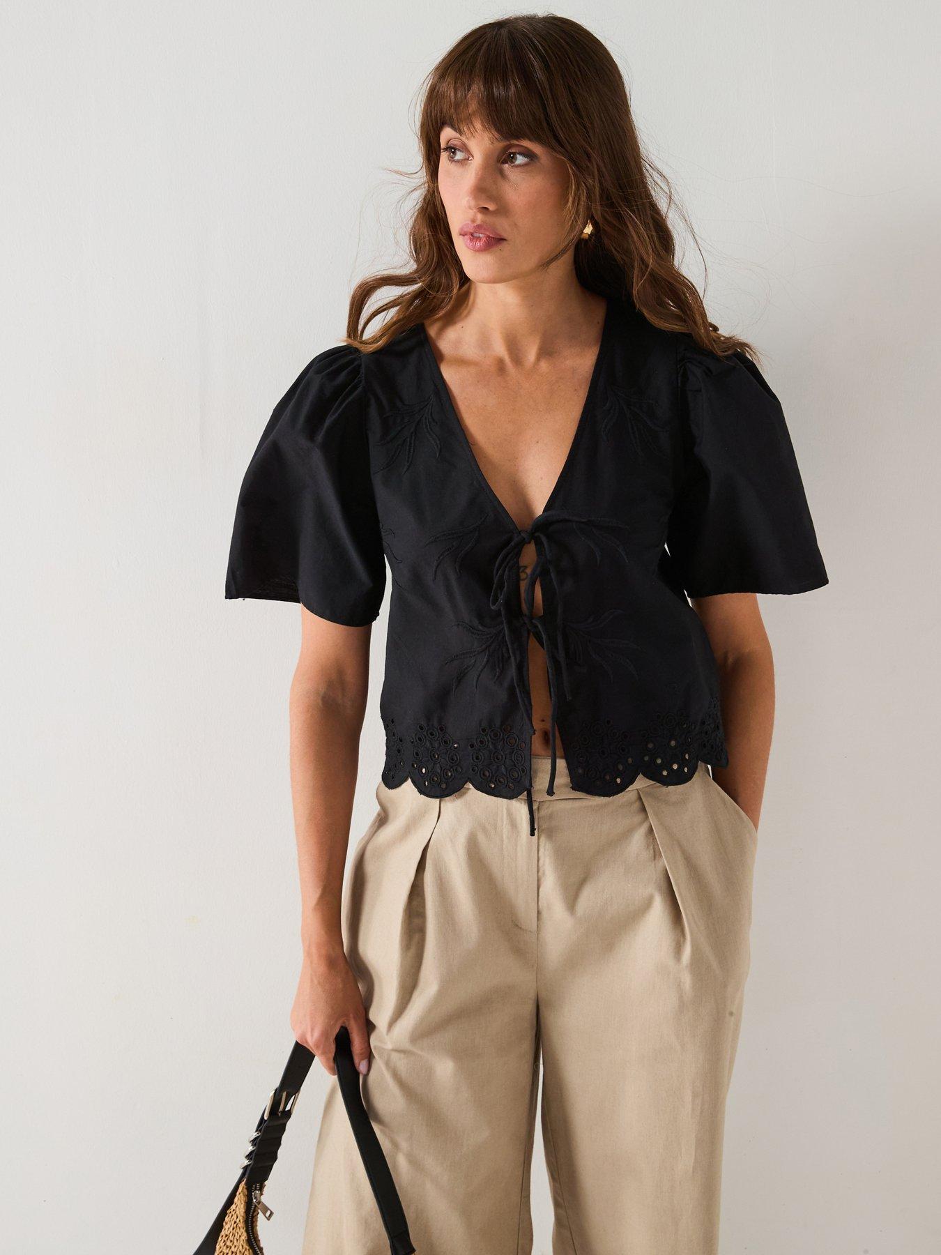 front image of jdy-alice-short-sleeve-tie-top-black
