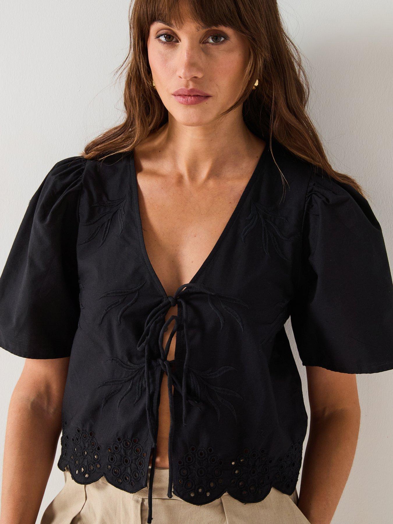  image of jdy-alice-short-sleeve-tie-top-black