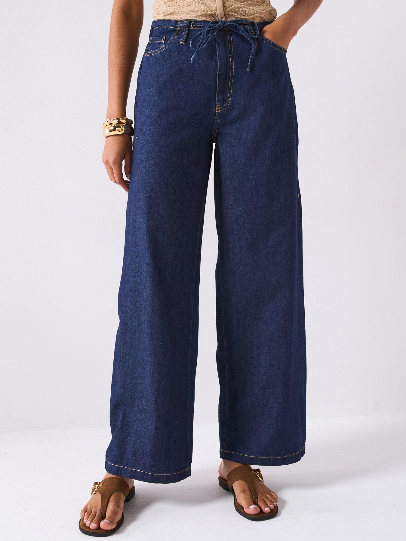 JDY Sabrina Mid Waist Wide Tie Denim Jeans - Dark Blue
