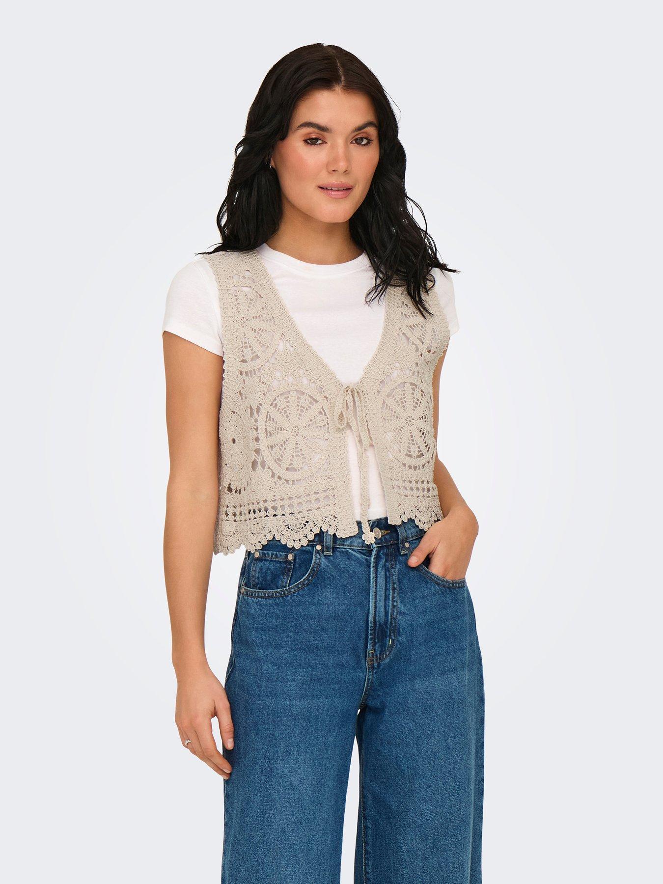 undefined Vic Short Sleeve V-neck Tie Knitted Vest - Cream