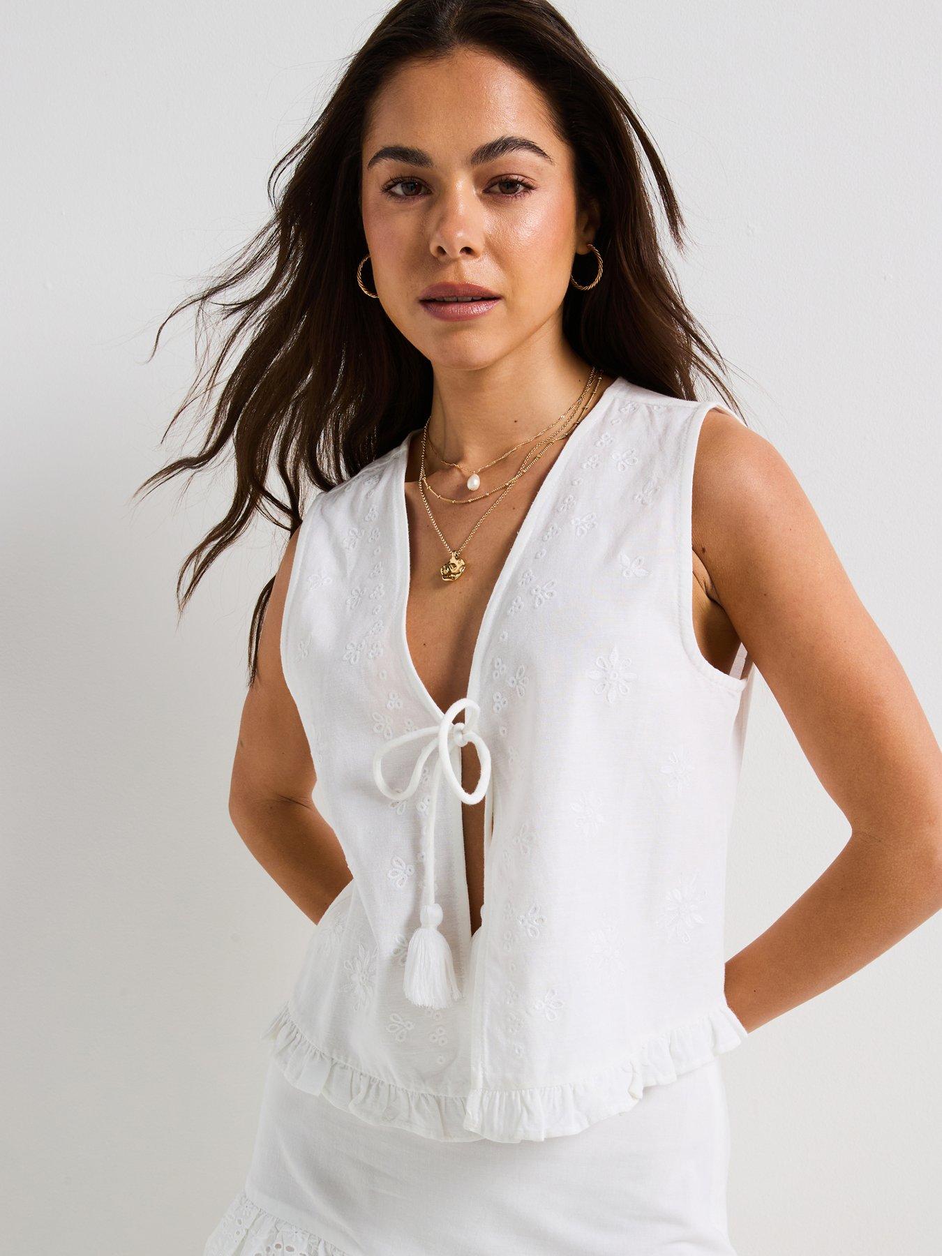 undefined Jakiri Linen Sleeveless Embellished Vest - White