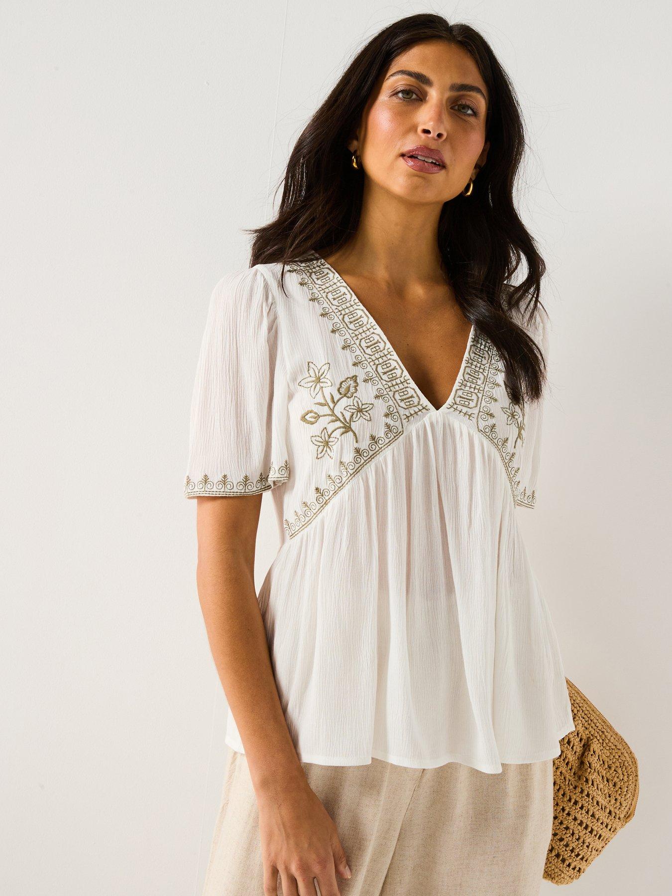 undefined Harper Short Sleeve V-neck Embroidery Top  - Multi