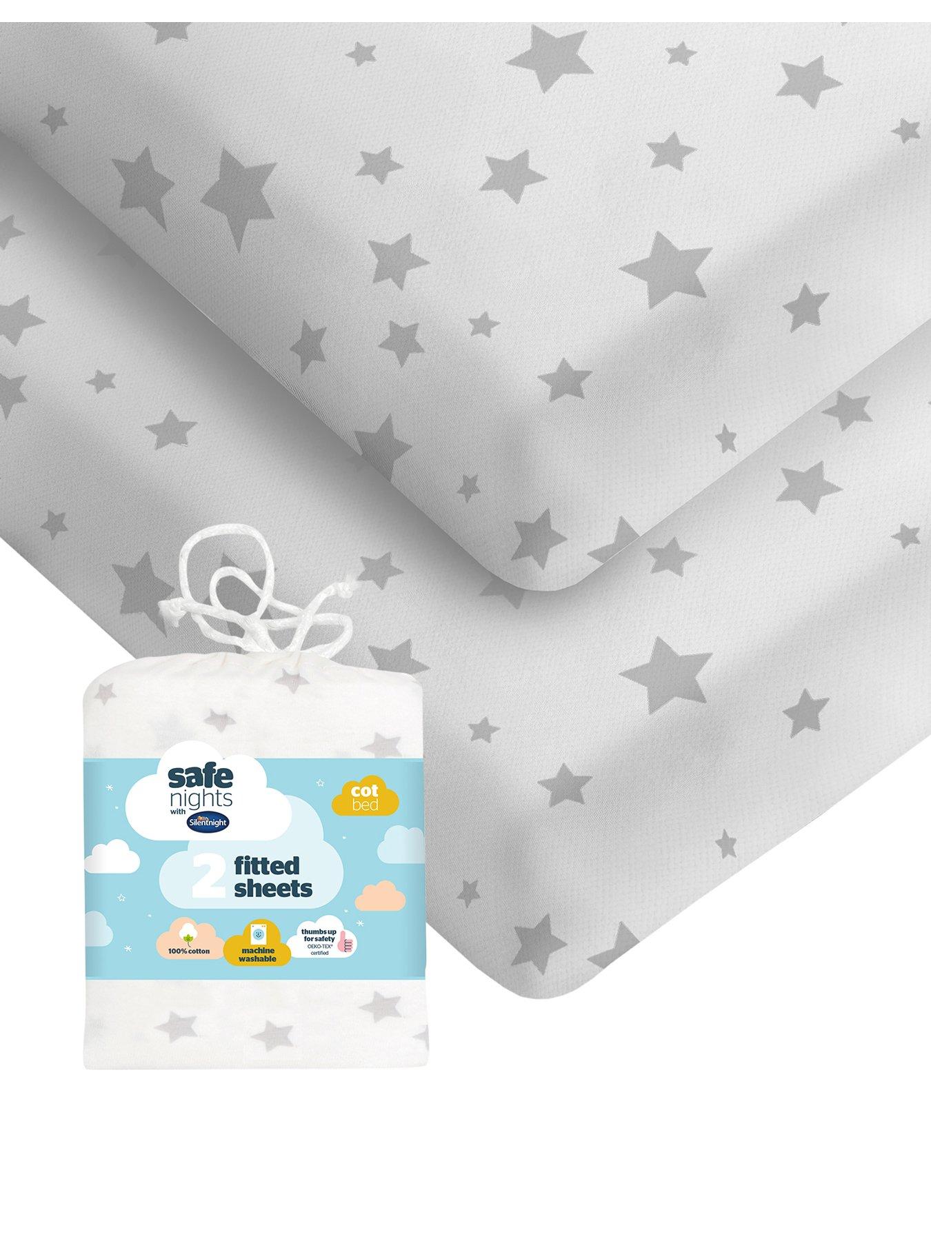 Silentnight Safe Nights 2 x Pack 100% Cotton Cot Bed Fitted Sheets - 140cm x 70cm - Grey Stars